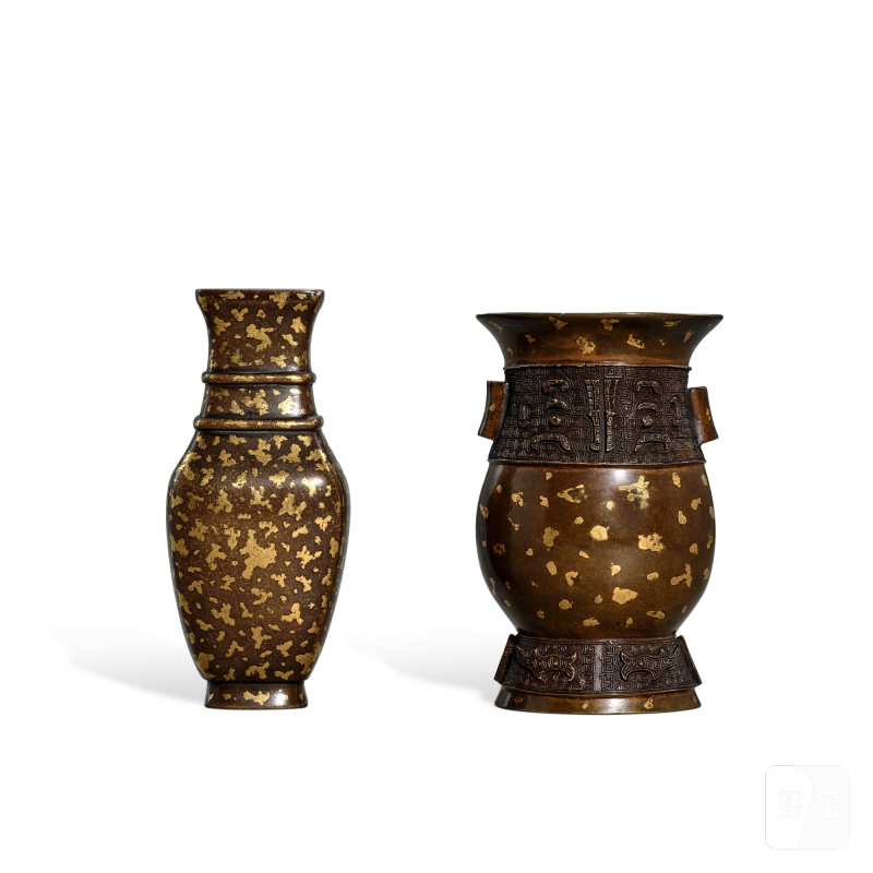 Two gold-splashed bronze archaistic vases, Late Ming - early Qing dynasty | 明末清初 灑金銅仿古觶及方壺